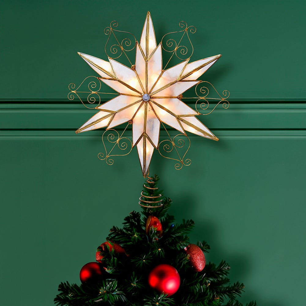 Kurt Adler 10-Light LED 6-Point Brass Plated Capiz Star With Scroll Design Tree Topper